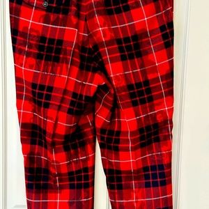 Comme des Garçons plaid pants, designed with artwork by Alissa Yoffee.